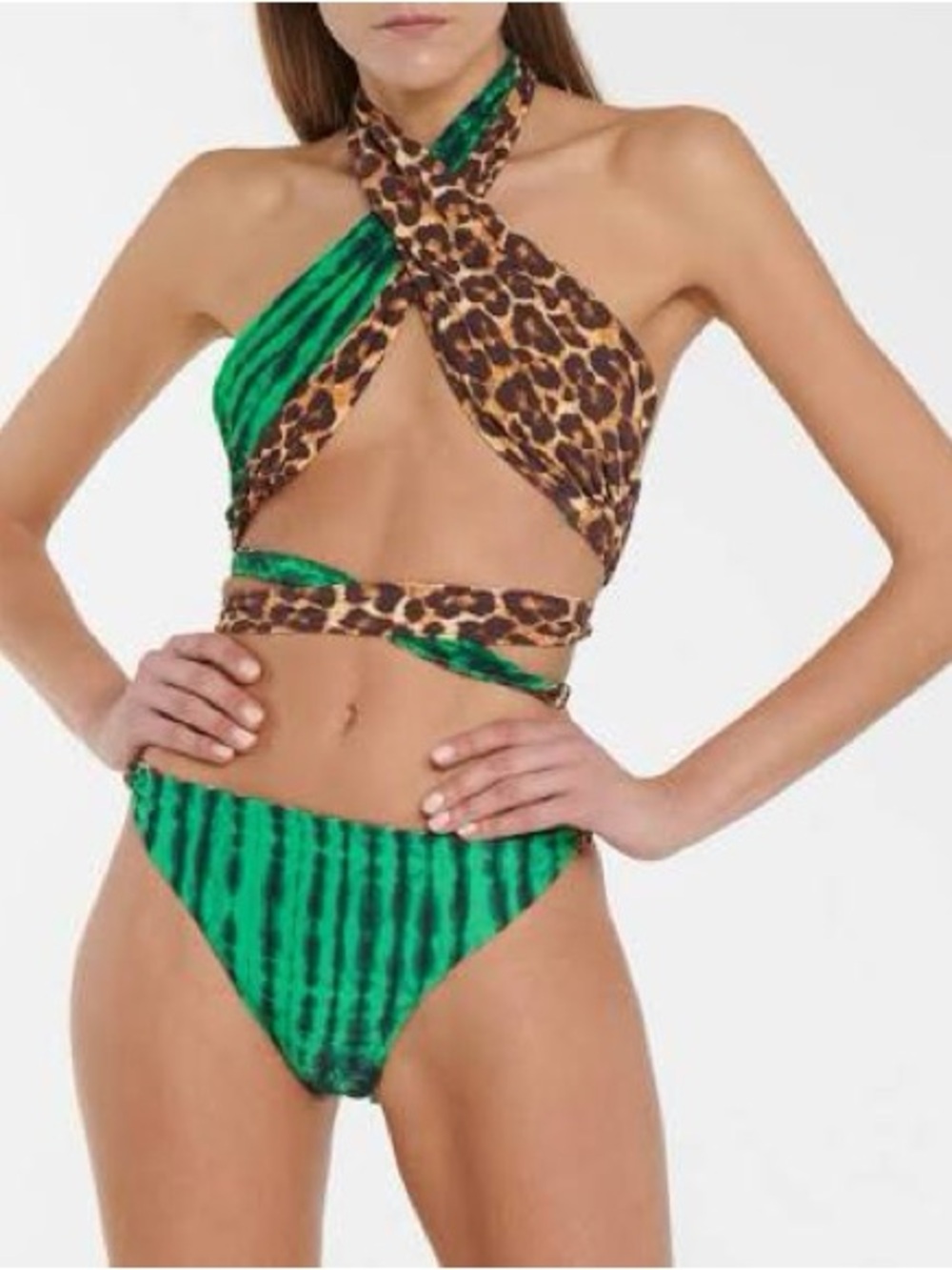 Green & Leopard Mix Wrap Bikini Top and High-Cut Bottom